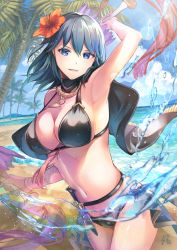 Rule 34 | 1girl, arm up, armpits, bare shoulders, bikini, black bikini, black cape, blue eyes, blue hair, blue sky, breasts, byleth (female) (fire emblem), byleth (female) (summer) (fire emblem), byleth (fire emblem), cape, cleavage, cloud, collarbone, commentary request, cowboy shot, dagger, day, fire emblem, fire emblem: three houses, fire emblem heroes, flower, hair between eyes, hair flower, hair ornament, hibiscus, highres, holding, holding weapon, knife, large breasts, lens flare, long hair, looking at viewer, navel, nintendo, ocean, official alternate costume, outdoors, palm tree, parted lips, ribbon, shadow, sheath, sheathed, sidelocks, sign, signature, sky, smile, solo, standing, stomach, swimsuit, tarayuki, tassel, tree, water drop, weapon, wrist ribbon