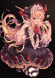 Rule 34 | 1girl, ;d, bad id, bad pixiv id, black dress, blonde hair, blurry, bonnet, center frills, depth of field, dress, floating hair, flower, frilled dress, frills, granblue fantasy, hands up, head wings, highres, homaderi, index fingers raised, lolita fashion, long hair, looking at viewer, one eye closed, open mouth, pantyhose, pointy ears, red eyes, red flower, rose, shoes, smile, solo, striped clothes, striped pantyhose, vampy, very long hair, wings
