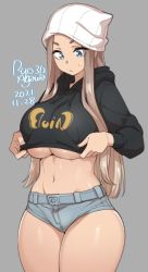 Rule 34 | 1girl, agawa ryou, artist name, beanie, black hoodie, blue eyes, breasts, closed mouth, commentary, cowboy shot, crop top, dated, denim, denim shorts, english commentary, grey background, groin, hat, hood, hood down, hoodie, hoodie pull, huge breasts, light brown hair, linea alba, long hair, long sleeves, looking down, navel, numbered, original, short eyebrows, short shorts, shorts, sidelocks, simple background, skindentation, solo, sweatdrop, thick thighs, thighs, underboob, v-shaped eyebrows, very long hair, white hat