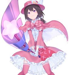 Rule 34 | 1girl, adapted costume, alternate costume, blush, braid, brown hair, buttons, capelet, closed mouth, collared shirt, commentary request, frilled skirt, frilled thighhighs, frills, frown, gloves, hair ribbon, hat, hat ribbon, highres, holding, holding wand, magical girl, pink capelet, pink hat, pink skirt, pink thighhighs, purple eyes, ribbon, shirt, short hair, simple background, single braid, skirt, solo, standing, sweatdrop, thighhighs, touhou, usami renko, usuaji, wand, wavy mouth, white background, white gloves, white ribbon, white shirt