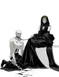 Rule 34 | 1boy, 1girl, absurdres, bald, blonde hair, blood, bloody weapon, boots, breasts, cleavage, collar, commentary, dress, dune: part two, dune (series), elbow gloves, femdom, feyd-rautha, gloves, greyscale, hashtag-only commentary, head scarf, highres, holding, holding knife, holding leash, kneeling, knife, leash, long dress, margot fenring, medium breasts, monochrome, muscular, muscular male, pectorals, sitting, spiked collar, spikes, spot color, taocan shisi hao, topless male, weapon