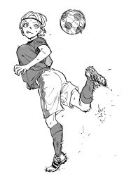 Rule 34 | 1girl, :3, :q, ass, ball, bouncing breasts, breasts, commentary request, full body, greyscale, headband, highres, kicking, kneehighs, large breasts, looking back, mada tetsukazu, monochrome, motion blur, original, playing sports, shoes, short hair, short sleeves, shorts, simple background, soccer, soccer ball, soccer uniform, socks, solo, sportswear, standing, standing on one leg, tongue, tongue out