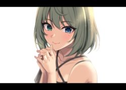 Rule 34 | 1girl, bare shoulders, blue eyes, blush, closed mouth, collarbone, commentary request, criss-cross halter, glint, green eyes, green hair, halterneck, heterochromia, hiiragi hazime, idolmaster, idolmaster cinderella girls, jewelry, letterboxed, looking at viewer, mole, mole under eye, own hands together, portrait, ring, short hair, simple background, smile, solo, takagaki kaede, wedding band, white background