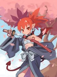 1girl absurdres cherry_blossoms chest_sarashi choker commission demon_girl demon_tail demon_wings disgaea earrings etna_(disgaea) flat_chest highres holding holding_sword holding_weapon japanese_clothes jewelry katana kimono looking_at_viewer off_shoulder outdoors pointy_ears red_eyes red_hair red_tail red_wings ricman_rt sarashi sheath single_bare_shoulder skull_earrings smile solo sword tail tree unsheathing weapon wings