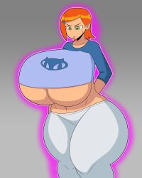 Rule 34 | 1girl, aura, ben 10, breast expansion, breasts, collarbone, duskyer, female focus, gigantic breasts, green eyes, grey background, growth, gwen tennyson, looking at breasts, midriff, navel, orange hair, pants, short hair, solo, standing, thick thighs, thighs, underboob, white pants, wide hips