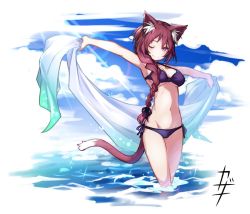 Rule 34 | 1girl, animal ear fluff, animal ears, armpits, arms up, beach, bikini, braid, breasts, brown eyes, brown hair, cat ears, cat girl, cat tail, cleavage, cloud, commentary request, day, kazana (sakuto), long hair, looking at viewer, medium breasts, navel, ocean, one eye closed, original, outdoors, outstretched arms, purple bikini, side-tie bikini bottom, single braid, sky, smile, solo, standing, swimsuit, tail, towel, very long hair, wading