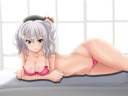 Rule 34 | 10s, 1girl, breast press, breasts, cleavage, crossed arms, female focus, hat, kantai collection, kashima (kancolle), large breasts, lingerie, looking at viewer, lying, midriff, navel, on stomach, silver hair, smile, solo, stomach, tk (butakuma), twintails, underwear, wavy hair