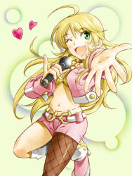 Rule 34 | 1girl, ;d, ahoge, asymmetrical clothes, belt, blonde hair, blush, boots, bustier, cropped jacket, fishnet pantyhose, fishnets, foreshortening, green eyes, heart, hoshii miki, idolmaster, idolmaster (classic), microphone, miniskirt, navel, one eye closed, open mouth, pantyhose, pinky out, shorts, single leg pantyhose, skirt, smile, solo, t-okada, thighhighs, wink