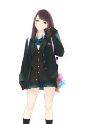 Rule 34 | 1girl, ama mitsuki, arm at side, backpack, bag, bag charm, black eyes, black socks, blazer, bottle, bow, bowtie, brown cardigan, brown hair, cardigan, charm (object), collared shirt, commentary request, crying, crying with eyes open, dated, feet out of frame, green bow, green jacket, green skirt, head tilt, jacket, kneehighs, long hair, long sleeves, miniskirt, open clothes, open jacket, original, pleated skirt, shirt, simple background, skirt, sleeves past wrists, socks, solo, standing, stuffed animal, stuffed shark, stuffed toy, swept bangs, tears, teddy (khanshin), twitter username, unbuttoned, white background