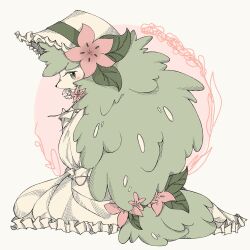 Rule 34 | 1girl, animal nose, blush, body fur, bonnet, creatures (company), crowl (crowl 711), dress, female focus, flower, frilled dress, frilled headwear, frills, from behind, furry, furry female, game freak, gen 4 pokemon, green hair, half-closed eyes, hand up, hat, hat flower, leaf, legendary pokemon, long hair, long sleeves, looking at viewer, looking back, low-tied long hair, matching hair/eyes, muted color, mythical pokemon, nintendo, personification, pink flower, pokemon, pokemon (creature), shaymin, shaymin (land), sitting, snout, solo, two-tone background, very long hair, white dress, white fur, white hat