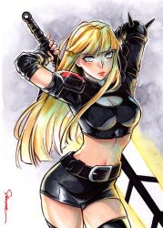 Rule 34 | 1girl, asymmetrical clothes, belt, blonde hair, blue eyes, blunt bangs, boots, cleavage cutout, clothing cutout, elbow spikes, highleg shorts, highres, holding, holding sword, holding weapon, huge weapon, long hair, magik (x-men), marker (medium), marvel, midriff, navel, sao (saowee), short shorts, shorts, solo, sword, thigh boots, traditional media, weapon, x-men