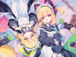 Rule 34 | 2girls, animal ear headphones, animal ears, apron, bed sheet, black dress, blonde hair, blue archive, blush, cat tail, controller, dress, fake animal ears, game controller, green eyes, handheld game console, headphones, highres, long sleeves, looking at viewer, maid, maid apron, maid headdress, midori (blue archive), midori (maid) (blue archive), momoi (blue archive), momoi (maid) (blue archive), multiple girls, official alternate costume, open mouth, puffy long sleeves, puffy sleeves, red eyes, short hair, siblings, sisters, smile, tail, teoskyrios, twins, white apron