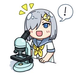 Rule 34 | blue eyes, commentary request, grey hair, grey sailor collar, hair ornament, hair over one eye, hairclip, hama! (3toshinhmkz), hamakaze (kancolle), kantai collection, looking at viewer, microscope, neckerchief, no nose, notice lines, sailor collar, school uniform, serafuku, short hair, simple background, smile, upper body, white background, yellow neckerchief