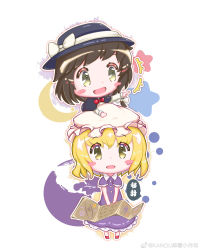 Rule 34 | +++, 2girls, :d, absurdres, black capelet, black headwear, blonde hair, blush stickers, bow, bowtie, brown hair, capelet, chibi, chinese commentary, commentary request, dated, dress, fedora, hair bow, hat, hat bow, highres, holding, kanou (zuofang), long sleeves, looking up, maribel hearn, medium hair, mob cap, multiple girls, open mouth, pointing, purple dress, red bow, red bowtie, red footwear, shirt, shoes, short sleeves, signature, simple background, smile, touhou, translation request, usami renko, weibo logo, weibo watermark, white background, white bow, white headwear, white shirt, yellow eyes