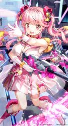 Rule 34 | 1girl, :d, blunt bangs, boots, breasts, cleavage cutout, clothing cutout, copyright notice, fujima takuya, gloves, gun, hair ribbon, highres, holding, holding gun, holding weapon, large breasts, long hair, looking at viewer, official art, open mouth, pink eyes, pink footwear, pink hair, pink ribbon, ribbon, sleeveless, smile, solo, twintails, twitter username, vividz, wavy hair, weapon, white gloves