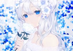 Rule 34 | 1girl, achiki, bare shoulders, blue eyes, closed mouth, collarbone, commentary request, dress, flower, hair between eyes, hair flower, hair ornament, hand up, holding, holding flower, long hair, looking at viewer, original, rose, silver hair, solo, strapless, strapless dress, white dress, white flower, white rose