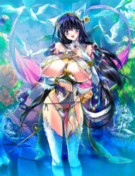 Rule 34 | 3girls, :d, animal ears, bikini, bikini bottom only, bird, black hair, blue eyes, blue hair, blush, breasts, brooch, cat ears, cat tail, clothes lift, covered erect nipples, crescent, crescent moon, detached sleeves, dove, dress, elbow gloves, fins, flower, fur, gloves, gradient hair, hair flower, hair ornament, hairband, head fins, huge breasts, jewelry, lace, long hair, looking at viewer, mermaid, monster girl, moon, multicolored hair, multiple girls, nail polish, nude, open mouth, original, panties, pentacle, pink nails, q azieru, red flower, red rose, rose, skirt, skirt lift, smile, solo focus, star (symbol), statue, swimsuit, tail, thighhighs, underboob, underwear, very long hair, wading, wand, water, white flower, white rose, wings