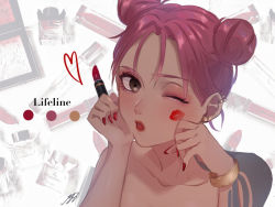 Rule 34 | 1girl, :o, animification, apex legends, arm tattoo, bare shoulders, blush, brown eyes, character name, collarbone, color guide, cosmetics, dark-skinned female, dark skin, double bun, eyeshadow, hair bun, holding, holding lipstick tube, iyo (nanaka-0521), lifeline (apex legends), lipstick mark, lipstick tube, makeup, one eye closed, open mouth, parted bangs, pink hair, red eyeshadow, solo, tattoo