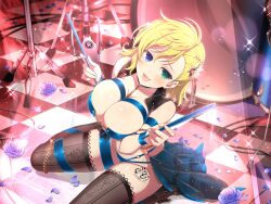 Rule 34 | 1girl, :3, bass clef, black choker, blonde hair, blue eyes, blue flower, blue rose, blush, breasts, brown thighhighs, chain, choker, cleavage, drum, drum set, drumsticks, eighth note, flower, gold chain, green eyes, hair flower, hair ornament, hairstyle request, heterochromia, highres, instrument, large breasts, leather vest, leg tattoo, looking at viewer, musical note, official alternate costume, official alternate hairstyle, official art, open mouth, petals, revealing clothes, rose, rose petals, ryouna (senran kagura), senran kagura, senran kagura shinovi versus, short hair, showgirl skirt, smile, solo, tattoo, thighhighs