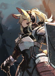 Rule 34 | 1girl, animal ears, arknights, armor, axe, bannouyakunta, blonde hair, closed mouth, hair between eyes, headphones, highres, holding, holding axe, holding shield, holding weapon, horse ears, horse girl, horse tail, long hair, nearl (arknights), outdoors, ponytail, shield, smoke, solo, tail, weapon, yellow eyes