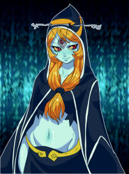 Rule 34 | 1girl, blue skin, colored sclera, colored skin, forehead jewel, front ponytail, highres, hood, long hair, maniacpaint, midna, midna (true), midriff, navel, nintendo, orange hair, red eyes, smile, solo, spoilers, the legend of zelda, the legend of zelda: twilight princess, yellow sclera