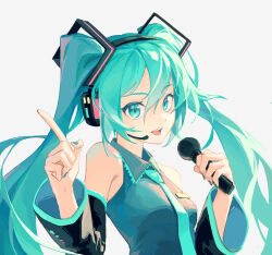 Rule 34 | 1girl, aqua eyes, aqua hair, aqua nails, aqua necktie, breasts, chinese commentary, commentary, detached sleeves, dododo, hatsune miku, headset, highres, holding, holding microphone, index finger raised, long hair, microphone, nail polish, necktie, open mouth, shirt, sleeveless, sleeveless shirt, small breasts, smile, solo, twintails, upper body, vocaloid
