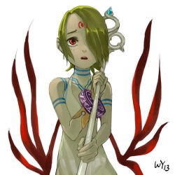 Rule 34 | 1girl, breath of fire, breath of fire v, dress, facial mark, full-body tattoo, green hair, hair over one eye, jewelry, nina (breath of fire v), red wings, redrawn, see-through, short hair, simple background, solo, tattoo, teeth, upper teeth only, white background, white dress, wings