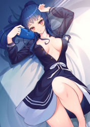 Rule 34 | 1girl, arms up, bare legs, barefoot, black dress, blue hair, blush, breasts, cleavage, collarbone, commentary request, dress, feet out of frame, handheld game console, highres, holding, knee up, large breasts, long sleeves, looking at viewer, nishino eri, no bra, open clothes, open dress, original, parted lips, playstation portable, ponytail, red eyes, ribbon, sidelocks, smile, solo, unbuttoned, white ribbon