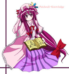 Rule 34 | 1girl, blue ribbon, blush, book, bow, capelet, crescent, crescent hair ornament, female focus, full body, hair bow, hair ornament, hat, hat ribbon, hikami shou, long hair, looking at viewer, lowres, mob cap, patchouli knowledge, purple eyes, purple hair, red bow, red ribbon, ribbon, simple background, sitting, solo, striped, touhou, very long hair, white background