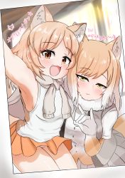 Rule 34 | 2girls, akaisuto, animal ears, armpits, bad id, bad pixiv id, bare arms, bare shoulders, blush, breasts, brown eyes, character name, closed mouth, commentary request, elbow gloves, extra ears, fang, fox ears, fox girl, fox shadow puppet, fox tail, fur collar, gloves, half-closed eyes, highres, indoors, kemono friends, light brown hair, light smile, medium hair, microskirt, multicolored hair, multiple girls, \n/, open mouth, outstretched arm, pale fox (kemono friends), panties, parted bangs, photo (object), pink panties, pleated skirt, reaching, reaching towards viewer, selfie, shirt, short sleeves, side-by-side, sideboob, sidelocks, skirt, sleeveless, sleeveless shirt, smile, tail, tareme, tibetan fox (kemono friends), tsurime, two-tone hair, underwear, vest, white hair, yellow eyes