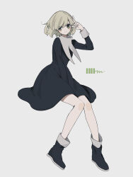 Rule 34 | 1girl, between legs, black dress, black footwear, blonde hair, blush stickers, boots, closed mouth, dress, full body, green eyes, hand between legs, hand up, highres, invisible chair, long sleeves, looking at viewer, maco22, original, short hair, signature, simple background, sitting, smile, solo, v, white background