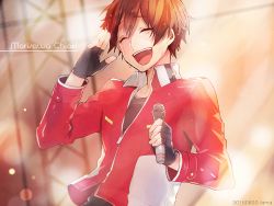Rule 34 | 10s, 1boy, black gloves, blush, brown hair, character name, ensemble stars!, closed eyes, fingerless gloves, gloves, male focus, microphone, morisawa chiaki, open mouth, salute, smile, solo, sweat, tama (songe)