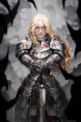 Rule 34 | 1girl, armor, blonde hair, blood, blood on clothes, blood on face, bloody weapon, female knight, gorget, hand on hilt, highres, holding, holding sword, holding weapon, knight, long hair, looking at viewer, orange eyes, planted, planted sword, planted weapon, plate armor, seo na won, skirt, solo, sword, thighhighs, torn clothes, torn skirt, wavy hair, weapon, yellow eyes