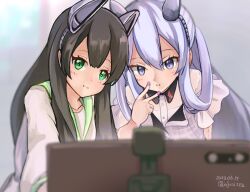 Rule 34 | 2girls, :i, black hair, blurry, blurry foreground, dated, dress, green eyes, green sailor collar, grey hair, hair between eyes, headgear, i-203 (kancolle), i-47 (kancolle), infini, kantai collection, long hair, long sleeves, looking at viewer, multiple girls, nail polish, official alternate costume, pink nails, pout, purple eyes, sailor collar, sailor dress, selfie, short sleeves, twitter username, v