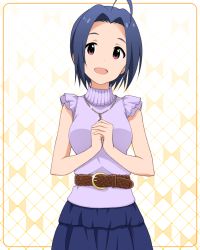 Rule 34 | 10s, 1girl, ahoge, artist request, bare shoulders, belt, blue hair, breasts, idolmaster, idolmaster (classic), idolmaster million live!, idolmaster million live! theater days, jewelry, looking at viewer, miura azusa, necklace, official art, open mouth, own hands together, red eyes, short hair, skirt, sleeveless, smile, solo, turtleneck