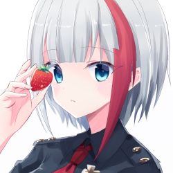Rule 34 | 1girl, admiral graf spee (azur lane), admiral graf spee (girl&#039;s sunday) (azur lane), azur lane, black shirt, blue eyes, blush, collared shirt, commentary request, fingernails, food, fruit, hand up, holding, holding food, looking at viewer, multicolored hair, parted lips, red hair, red neckwear, shirt, silver hair, simple background, solo, strawberry, streaked hair, suzume anko, upper body, white background