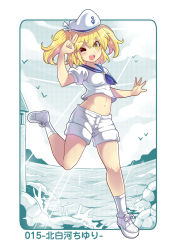 Rule 34 | 1girl, bird, blonde hair, cloud, colonel aki, commentary request, crop top, hat, kitashirakawa chiyuri, lighthouse, looking at viewer, midriff, navel, neckerchief, one eye closed, open mouth, sailor collar, sailor hat, sailor shirt, saluting, shirt, shoes, short sleeves, shorts, smile, sneakers, socks, solo, standing, standing on liquid, touhou, translation request, twintails, white hat, white shirt, white shorts, yellow eyes