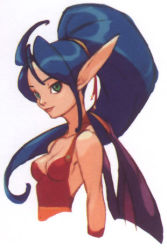 Rule 34 | 1990s (style), 1girl, blue hair, breasts, breath of fire, breath of fire ii, capcom, cleavage, dragon, dragon girl, green eyes, lowres, monster girl, official art, patty the phantom thief, pointy ears, ponytail, retro artstyle, simple background, solo, upper body, white background, wings, yoshikawa tatsuya