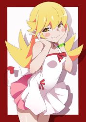 Rule 34 | 1girl, apron, bakemonogatari, bare shoulders, blonde hair, blush, blush stickers, bracelet, demon tail, dress, fang, gesugesu ahoaho, green bracelet, hair between eyes, hands on own cheeks, hands on own face, highres, jewelry, long hair, looking at viewer, monogatari (series), nisemonogatari, oshino shinobu, outside border, pink skirt, pointy ears, simple background, skirt, smile, solo, sundress, swept bangs, tail, very long hair, white background, yellow eyes