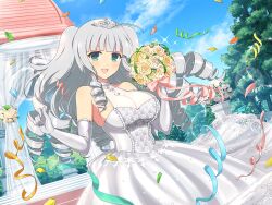 Rule 34 | 1girl, blue eyes, bouquet, breasts, cleavage, day, dress, drill hair, flower, gazebo, ginrei (senran kagura), gloves, grey hair, jewelry, large breasts, looking at viewer, official art, open mouth, ring, senran kagura, senran kagura new link, smile, streamers, tiara, tree, wedding dress, wedding lingerie, wedding ring