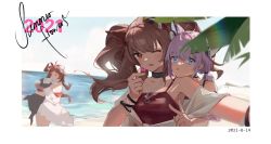 Rule 34 | 2021, 3girls, ;), angelina (arknights), angelina (summer flower) (arknights), animal ears, arknights, bare shoulders, black choker, blue eyes, brown hair, choker, commentary, eyjafjalla (arknights), eyjafjalla (summer flower) (arknights), fox ears, hand up, highres, horns, infection monitor (arknights), long hair, looking at viewer, multiple girls, off shoulder, official alternate costume, one eye closed, outdoors, red eyes, sheep horns, short hair, silver hair, smile, spaghetti strap, sussurro (arknights), sussurro (summer flower) (arknights), swimsuit cover-up, twintails, upper body, yuan (ziranran)