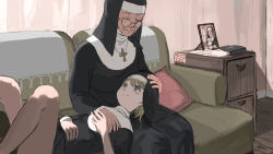 Rule 34 | 2girls, absurdres, blonde hair, blue eyes, book, closed eyes, closed mouth, clumsy nun (diva), couch, cross, diva (hyxpk), drawer, feet out of frame, gloves, unworn gloves, habit, highres, indoors, lap pillow, latin cross, little nuns (diva), looking at another, lying, mother superior (diva), multiple girls, nun, old, old woman, on back, photo (object), pillow, revision, round eyewear, sitting, smile, traditional nun, veil, wooden floor