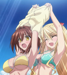 Rule 34 | 10s, 2girls, 8-bit (company), absolute duo, armpits, arms up, assisted exposure, bikini, blonde hair, blush, breasts, brown hair, embarrassed, highres, hotaka miyabi, large breasts, lilith bristol, multiple girls, navel, open mouth, screencap, sky, swimsuit, underboob