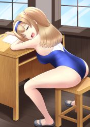 Rule 34 | 1girl, absurdres, ass, blush stickers, commentary request, desk, closed eyes, full body, hairband, highres, i-26 (kancolle), kantai collection, light brown hair, long hair, new school swimsuit, nokonoko, one-piece swimsuit, sandals, school desk, school swimsuit, sitting, sleeping, solo, stool, swimsuit, two-tone hairband, two-tone swimsuit, two side up, window