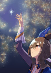 Rule 34 | 1girl, admire vega (umamusume), animal ears, arm up, blue cape, blue jacket, brown hair, cape, closed mouth, commentary request, detached collar, ear covers, harakomeshi, highres, horse ears, horse girl, jacket, long hair, long sleeves, looking at viewer, necktie, night, night sky, ponytail, purple eyes, single ear cover, sky, solo, star (sky), starry sky, umamusume, upper body, white necktie