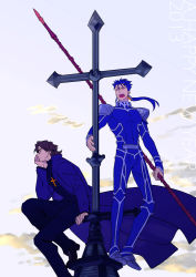 Rule 34 | 10s, 2013, 2boys, blue hair, brown hair, cassock, cloud, cross, cross necklace, cu chulainn (fate), earrings, fate/stay night, fate (series), gae bolg (fate), happy new year, jewelry, kon manatsu, kotomine kirei, cu chulainn (fate/stay night), long hair, male focus, multiple boys, necklace, new year, polearm, ponytail, red eyes, sexy44, sky, spear, weapon