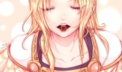 Rule 34 | 10s, 1girl, 2014, armor, beancurd, blonde hair, chocolate, close-up, closed eyes, collarbone, dated, eyelashes, facing viewer, highres, league of legends, leaning forward, lips, long hair, lux (league of legends), open mouth, pauldrons, shoulder armor, signature, simple background, solo