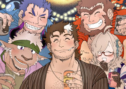 Rule 34 | 1girl, 4boys, ^ ^, ahoge, animal ears, animal hands, animal nose, beard, blue hair, blue jacket, brown fur, brown hair, brown kimono, chest hair, cigarette, closed eyes, cow ears, cow horns, drink, facial hair, feathered wings, fish boy, flower, furry, furry male, gills, glasses, goatee, green tank top, grin, hair flower, hair intakes, hair ornament, hair over one eye, hand to own mouth, harpy, headband, highres, holding, holding drink, horns, jacket, japanese clothes, jinn (housamo), kimono, leaf, lights, long sideburns, lower teeth only, mature male, minotaur, mononobe kyoma, monster girl, mouth hold, multicolored hair, multiple boys, muscular, muscular male, neck fur, neck ruff, open clothes, open jacket, open mouth, pectorals, purple eyes, purple horns, red-framed eyewear, red jacket, sharp teeth, shennong (housamo), short hair, sideburns, smile, stalk in mouth, streaked hair, stubble, syousinman, tank top, teeth, thick eyebrows, tokyo houkago summoners, triton (housamo), upper body, water, white hair, wings, ziz (housamo)