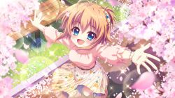 Rule 34 | 1girl, :d, ahoge, bench, blue eyes, blue gemstone, blush, bracelet, breasts, cherry blossoms, day, dot nose, film grain, floral print, from above, game cg, gem, grass, hair ornament, izumi tsubasu, jewelry, lens flare, looking at viewer, medium breasts, non-web source, official art, one side up, open mouth, orange gemstone, orange hair, outdoors, outstretched arms, park bench, pink shirt, print skirt, re:stage!, shikimiya mana, shirt, short hair, sidelocks, skirt, smile, solo, sparkle, spread arms, stone walkway, white skirt, wooden bench
