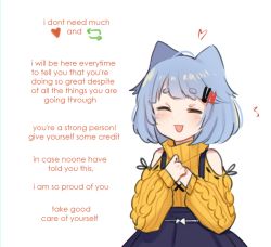 Rule 34 | :d, ^^^, absurdres, animal ears, blue hair, blush, bob cut, bow, bow skirt, cable knit, cat ears, closed eyes, clothing cutout, commentary, english text, facing viewer, hair ornament, hairclip, heart, highres, hikimayu, like and retweet, neqo (character), neqo (neneneqo), open mouth, original, ribbed sweater, short eyebrows, short hair, shoulder cutout, simple background, skirt, sleeves past wrists, smile, suspender skirt, suspenders, sweater, symbol-only commentary, text focus, thick eyebrows, turtleneck, turtleneck sweater, upper body, white background, white bow, yellow sweater